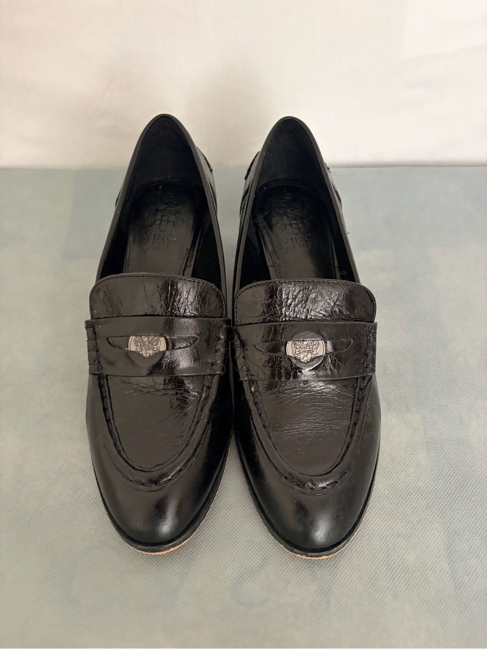 Vince Camuto Women Black Leather Heeled Loafers Carissla Sz 6.5M 37 Block(B260)